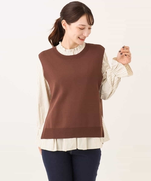 MK MICHEL KLEIN（エムケーミッシェルクラン）の「[洗える]フリルハイネックブラウス×ニットベスト ツインセット（シャツ/ブラウス・レディース・ブラック/ブラウン・38）」の5枚目の写真