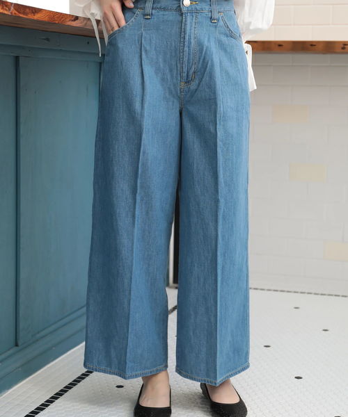 Green　Parks（グリーンパークス）の「WR タックワイドデニムパンツ（デニムパンツ・レディース・ライトインディゴブルー/インディゴブルー・M/L）」の6枚目の写真