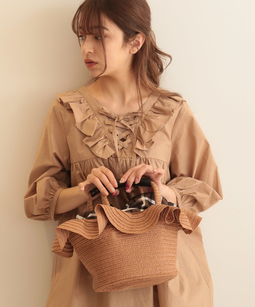 FREE'S MART(フリーズマート)の「フリルかごバッグ(かごバッグ・レディース・ホワイト/ブラウン・フリ-)」の5枚目の写真