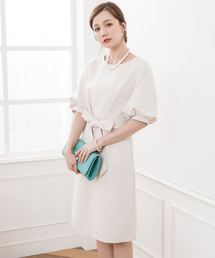 結婚式ワンピースふんわりバルーンスリーブ&ウエストリボン付きワンピース