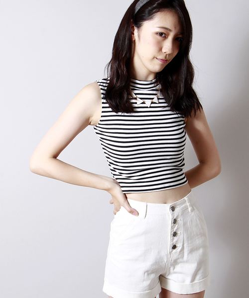 WEGO（ウィゴー）の「WEGO/テレコハイネックノースリーブTシャツ（Tシャツ/カットソー・レディース・オフホワイト/ブラック/サックスブルー/ライトピンク/ブラック系その他/チェック・FREE）」の4枚目の写真