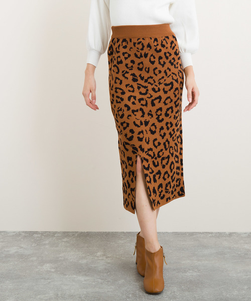Jewelobe(ジュエローブ)の「ヒョウ柄ニットタイトスカート(スカート)」|ブラウン