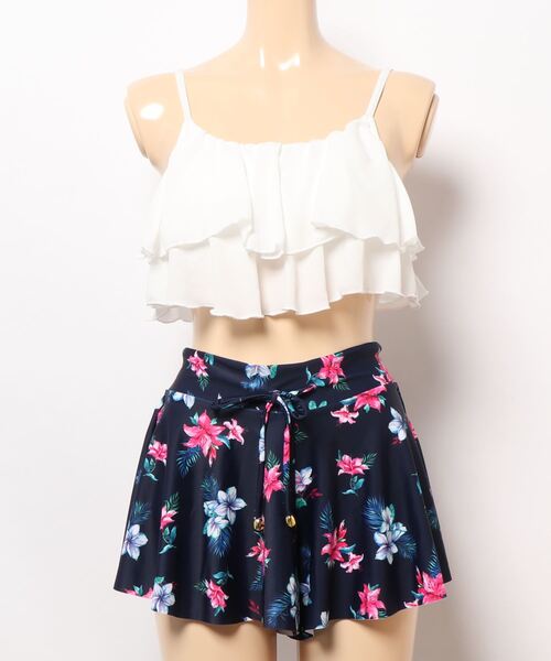 LEAD(リード)の「二段フリル花柄ビキニ水着3点セット(水着・レディース・ホワイト/ピンク/ネイビー・L/M)」の14枚目の写真