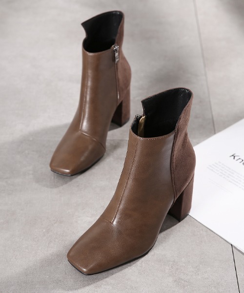 Futier land（フューティアランド）の「バックロング配色スクエアトゥショートブーツ（ブーツ・レディース・ブラック/ブラウン/キャメル/チャコールグレー・36/37/38/39/40）」の3枚目の写真