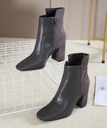 バックロング配色スクエアトゥショートブーツ