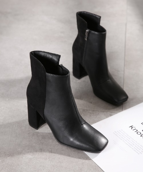 Futier land（フューティアランド）の「バックロング配色スクエアトゥショートブーツ（ブーツ・レディース・ブラック/ブラウン/キャメル/チャコールグレー・36/37/38/39/40）」の2枚目の写真