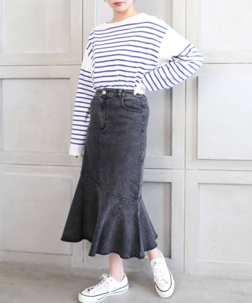 moment+(モーメントプラス)の「ストレッチデニム&ツイルマーメイドスカート(デニムスカート・レディース・ブラック/サックスブルー/インディゴブルー/アイボリー/ブラック系その他/オフホワイト/グレイッシュベージュ/カーキ・S/M/L)」の17枚目の写真