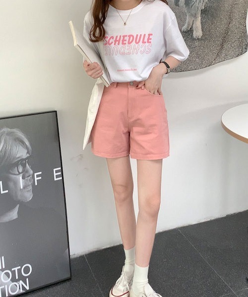 Opinion korean town（オピニオン コリアン タウン）の「Denim shorts（デニムパンツ・レディース・サーモンピンク/グリーン/ブラック/ベージュ/オレンジ/ライトブルー・S/L/M）」の19枚目の写真
