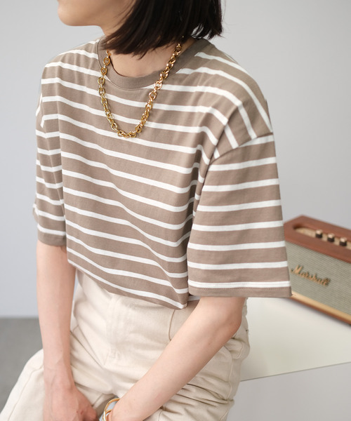 ＡＮＤＪ（アンドジェイ）の「サイドスリットボーダーTシャツ（Tシャツ/カットソー・レディース・ブラック/モカ/ネイビー・M）」の2枚目の写真