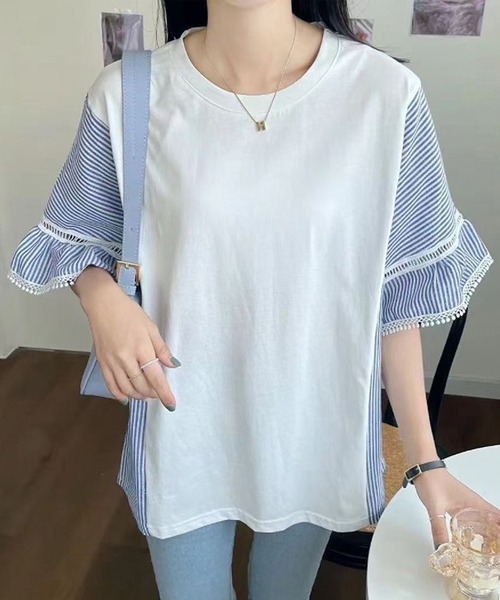 Bifrost(ビフレスト)の「ストライプ切り替えトップス(Tシャツ/カットソー・レディース・ホワイト/ブラック/ブルー・F)」の2枚目の写真