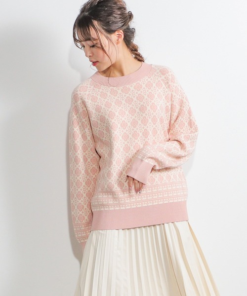 Honeys（ハニーズ）の「花柄ジャカード編ニット（ニット/セーター・レディース・ブルー系その他/ピンク系その他/ベージュ系その他・L/S/M）」の3枚目の写真