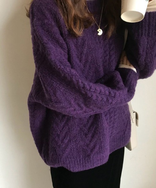 SMILE ORCHID(スマイルオーキッド)の「ケーブル編みニットトップス(ニット/セーター・レディース・パープル/グリーン/アイボリー・FREE)」の8枚目の写真