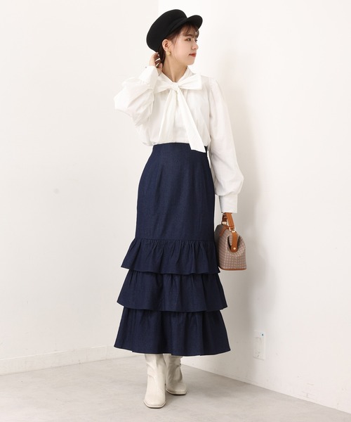 ネイビー フリル付きロングスカート ピンキングフリルスカート | MUVEIL Online Shop