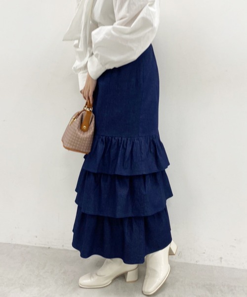 【軽やか】新品　青紫　裾フリル　三段ロングデザインスカートｄ87 軽やか】新品 青紫 裾フリル 三段ロングデザインスカートd87 軽やか