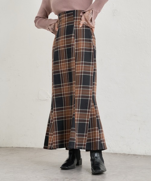 natural couture（ナチュラルクチュール）の「【WEB限定カラー有り】合皮&ビッグチェックハイウエストマーメイドスカートSサイズ（スカート・レディース・ベージュ系/パープル/モカ/ブラウン系・SMALL）」の3枚目の写真