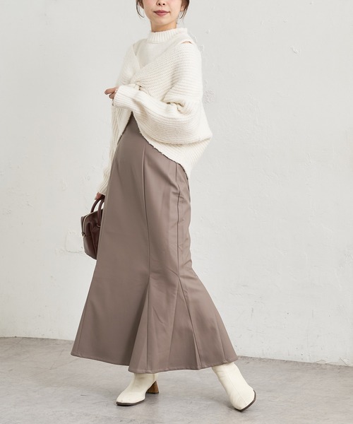 natural couture（ナチュラルクチュール）の「【WEB限定カラー有り】合皮&ビッグチェックハイウエストマーメイドスカートSサイズ（スカート・レディース・ベージュ系/パープル/モカ/ブラウン系・SMALL）」の6枚目の写真