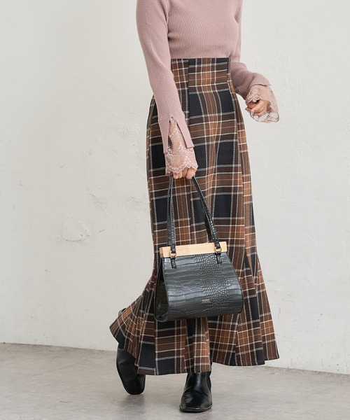 natural couture（ナチュラルクチュール）の「【WEB限定カラー有り】合皮&ビッグチェックハイウエストマーメイドスカートSサイズ（スカート・レディース・ベージュ系/パープル/モカ/ブラウン系・SMALL）」の9枚目の写真