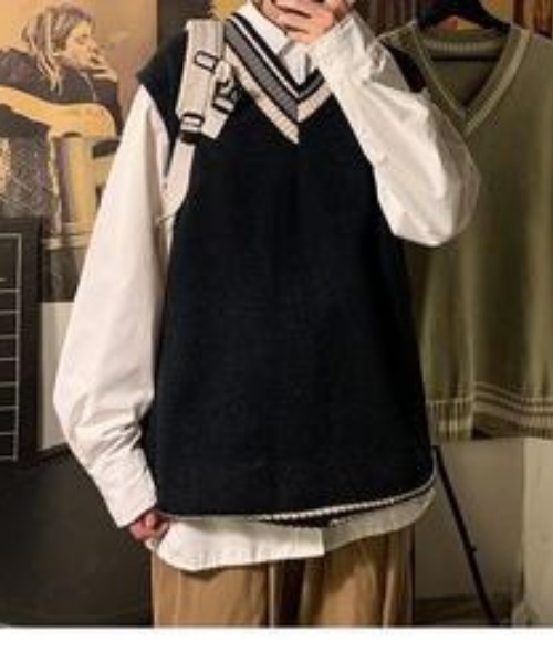 Mimma/Mimaa（ミマ）の「【Mimma/Mimaa】ラインVニットベスト（ベスト・メンズ・ホワイト/ブラック/グレー/グリーン・FREE）」の10枚目の写真