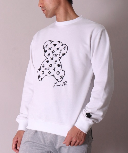 LUXE/R(ラグジュ)の「【ユニセックス】【LUXE/R】モノグラム & くまさん 刺繍 スウェット プルオーバー(RMS)(スウェット・メンズ・ホワイト×ブラック/ブラック×ホワイト/杢グレー・MEDIUM/LARGE)」の2枚目の写真