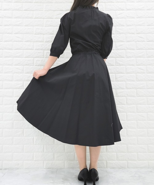 美品✨シェリエ ドットシャツワンピース フレアスカート 白襟 黒