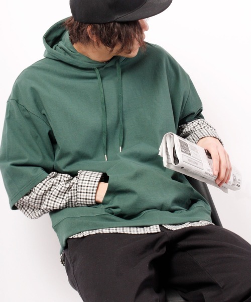 JEMORGAN（ジェーイーモーガン）の「JEMORGAN 天竺袖ワッペン付き半袖ビッグＴパーカー（パーカー・メンズ・オフホワイト/ブラック/ピンク/ベージュ/ネイビー/ライトグレー/グリーン/シルバーグレー/サーモンピンク/ベージュ系その他/カーキ・L/XL/M）」の8枚目の写真