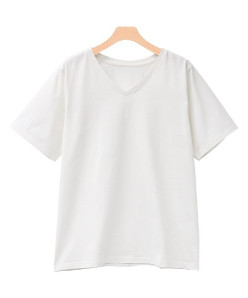 Pierrot(ピエロ)の「シルケットコットンTシャツ Vネック(Tシャツ/カットソー・レディース・オフホワイト/ブラック/グレイッシュベージュ/ネイビー/ピンク・S/M/L)」の12枚目の写真