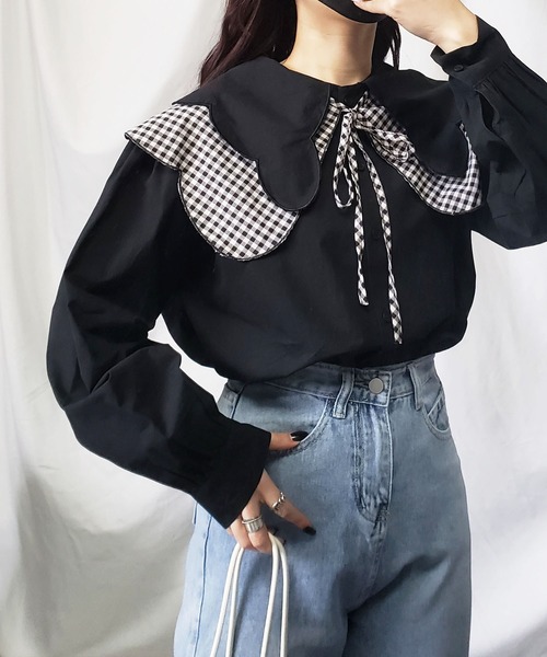 me+em select(ミームセレクト)の「【 無地/チェック 】2WAYビッグカラーシャツブラウス(取り外しできるつけ衿セット)(シャツ/ブラウス・レディース・ホワイト/ブラック/ブラック系・FREE)」の9枚目の写真