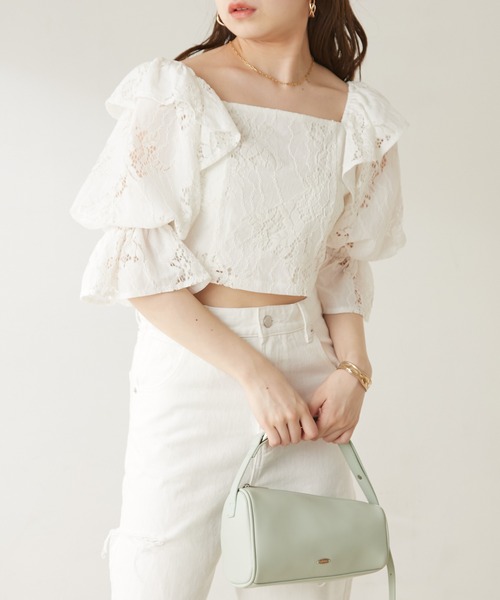 セール】7分袖ショート丈フリルレーストップス（シャツ/ブラウス