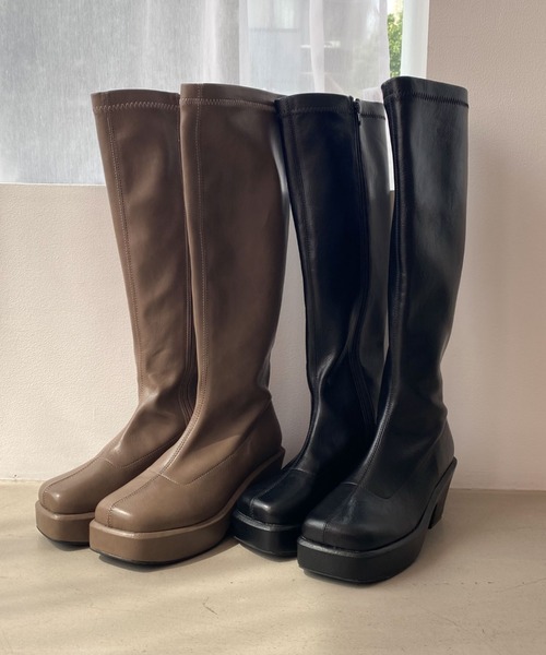 archives（アルシーヴ）の「一体底ロングブーツ（ブーツ・レディース・ブラック/モカ・MEDIUM/LARGE）」の2枚目の写真