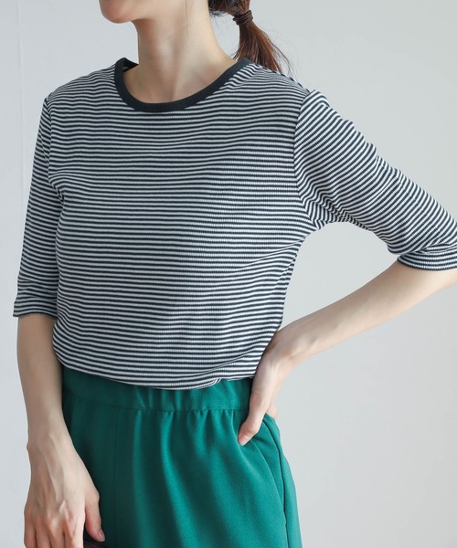 URBAN RESEARCH DOORS（アーバンリサーチドアーズ）の「ミジンボーダーテレコ6分袖Tシャツ（Tシャツ/カットソー・レディース・ブラック/ネイビー/レッド/グリーン・MEDIUM）」の5枚目の写真