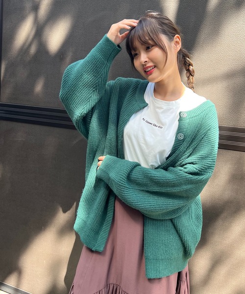 Brownie（ブラウニー）の「Brownie カラフルニット畦編みルーズカーディガン（カーディガン/ボレロ・レディース・グリーン/レッド/イエロー/ブルー/アイボリー・FREE）」の2枚目の写真