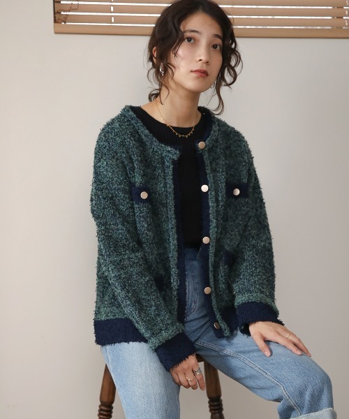 Bou Jeloud（ブージュルード）の「ツイード風ニットショートカーディガン（カーディガン/ボレロ・レディース・ネイビー/ベージュ・FREE）」の14枚目の写真