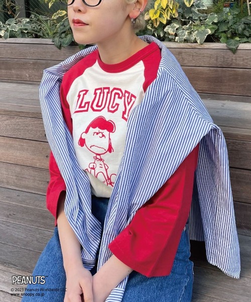 PEANUTS(ピーナッツ)の「【PEANUTS/ピーナッツ】ラグランプリントロゴT(Tシャツ/カットソー・レディース・ブラック/レッド/グリーン・FREE)」の1枚目の写真