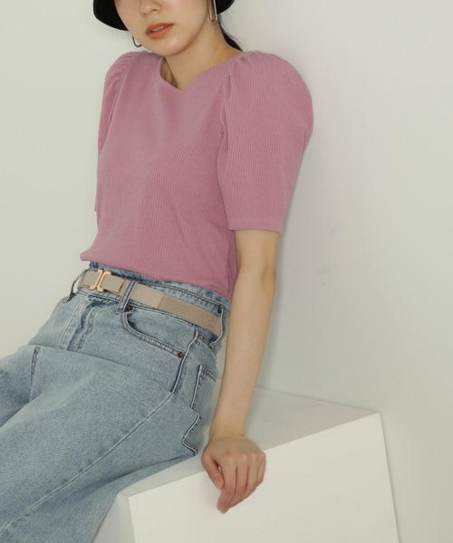 FREE'S MART（フリーズマート）の「◆三角テレコ前後2Wayパフスリーブカットソー（Tシャツ/カットソー・レディース・ホワイト/ブラック/ピンク/イエロー・FREE）」の19枚目の写真