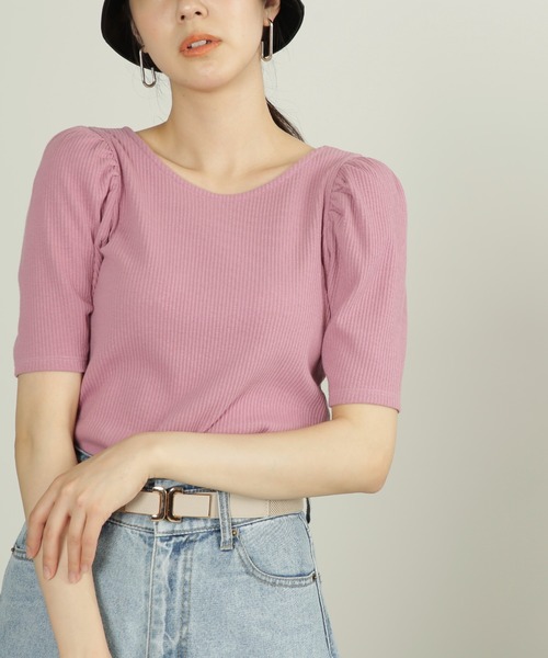 FREE'S MART（フリーズマート）の「◆三角テレコ前後2Wayパフスリーブカットソー（Tシャツ/カットソー・レディース・ホワイト/ブラック/ピンク/イエロー・FREE）」の12枚目の写真