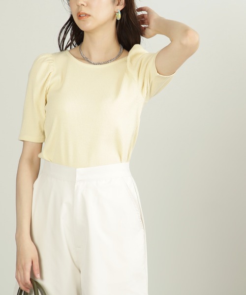 FREE'S MART（フリーズマート）の「◆三角テレコ前後2Wayパフスリーブカットソー（Tシャツ/カットソー・レディース・ホワイト/ブラック/ピンク/イエロー・FREE）」の7枚目の写真