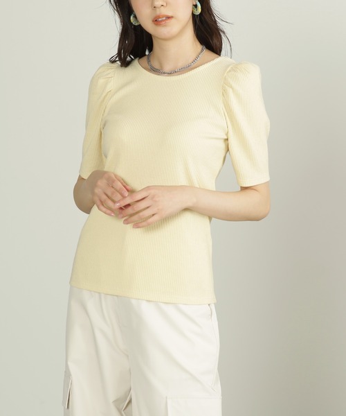 FREE'S MART（フリーズマート）の「◆三角テレコ前後2Wayパフスリーブカットソー（Tシャツ/カットソー・レディース・ホワイト/ブラック/ピンク/イエロー・FREE）」の8枚目の写真