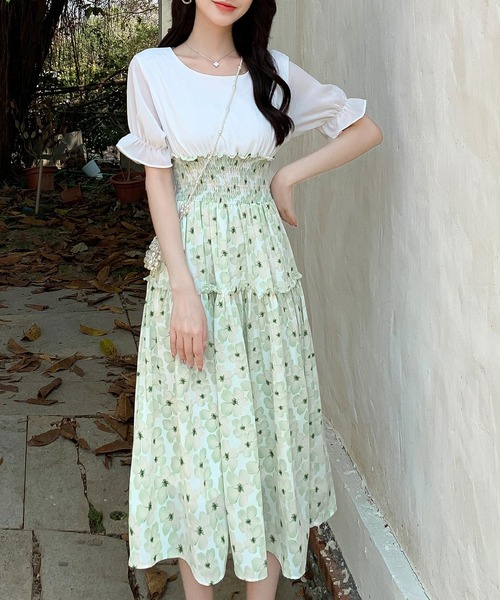 DAY CLOSET(デイ クローゼット)の「レディース 半袖シャーリングウエストドッキングAラインワンピース(ワンピース・レディース・ブルー/グリーン/ピンク系その他/イエロー系その他/ピンク/イエロー・S/XL/L/M)」の2枚目の写真