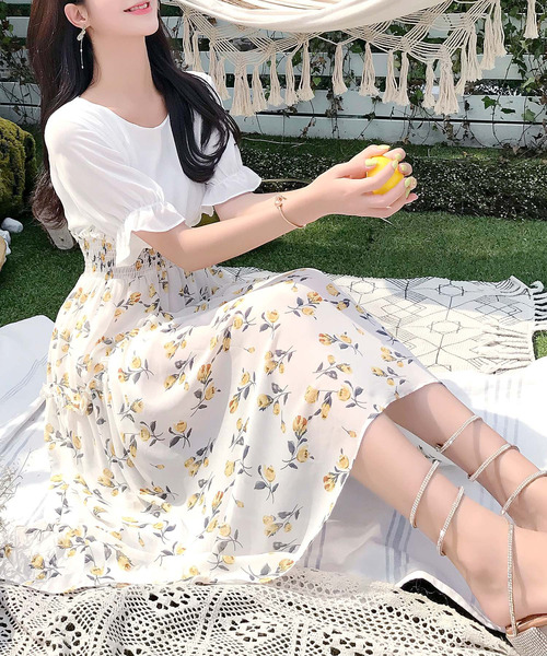 レディース 半袖シャーリングウエストドッキングAライン