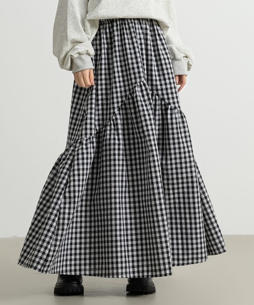 DAY CLOSET（デイ クローゼット）の「レディース 前後2wayで着こなせる。ロング丈ラウンド切り替えフレアティアードスカート（スカート・レディース・ホワイト/ブラック/カーキ/ダークグレー/チェック・M/L）」の5枚目の写真