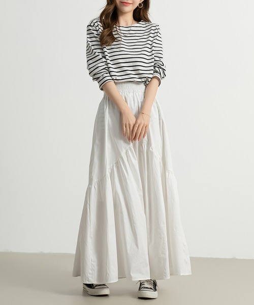 DAY CLOSET（デイ クローゼット）の「レディース 前後2wayで着こなせる。ロング丈ラウンド切り替えフレアティアードスカート（スカート・レディース・ホワイト/ブラック/カーキ/ダークグレー/チェック・M/L）」の9枚目の写真