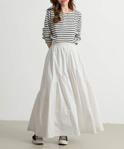 DAY CLOSET（デイ クローゼット）の「レディース 前後2wayで着こなせる。ロング丈ラウンド切り替えフレアティアードスカート（スカート・レディース・ホワイト/ブラック/カーキ/ダークグレー/チェック・M/L）」の11枚目の写真