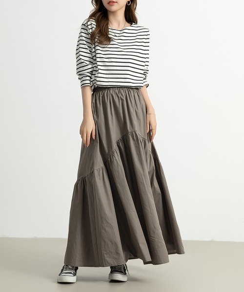 DAY CLOSET（デイ クローゼット）の「レディース 前後2wayで着こなせる。ロング丈ラウンド切り替えフレアティアードスカート（スカート・レディース・ホワイト/ブラック/カーキ/ダークグレー/チェック・M/L）」の19枚目の写真