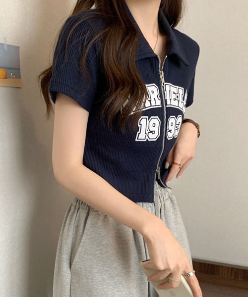 セール】ダブルファスナークロップド丈トップス（Tシャツ/カットソー