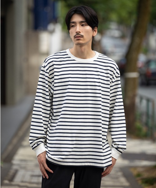 CLANE◆長袖Tシャツ/2/コットン/ブルー/ボーダー/13105-1052/ CLANE（クラネ）の「【CLANE/クラネ】WIDE HENRY NECK BORDER