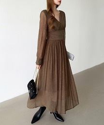 上品なきらめきで魅せる、ルミナスカシュクールドレス ラメシアー パーティードレス ドレス ワンピース ウエストマーク シアー オケージョン パーティー 結婚式 ドレスワンピース お呼ばれドレス 長袖 ノースリーブ