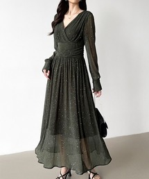 COCOMOMO（ココモモ）の「上品なきらめきで魅せる、ルミナスカシュクールドレス ラメシアー パーティードレス ドレス オケージョン パーティー 結婚式 ドレスワンピース お呼ばれドレス 長袖 ノースリーブ（ドレス）」