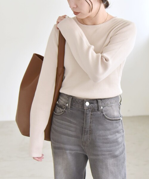 セール】quaranciel:〈手洗い可能〉コットン リブ クルーネック ニット
