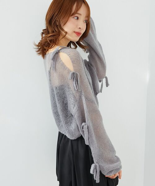 MAJESTIC LEGON（マジェスティックレゴン）の「リボン肩あきメッシュニット（ニット/セーター・レディース・チャコールグレー/ピンク/イエロー/アイボリー・MEDIUM）」の15枚目の写真