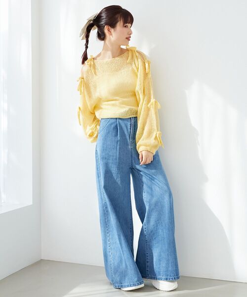 MAJESTIC LEGON（マジェスティックレゴン）の「リボン肩あきメッシュニット（ニット/セーター・レディース・チャコールグレー/ピンク/イエロー/アイボリー・MEDIUM）」の12枚目の写真